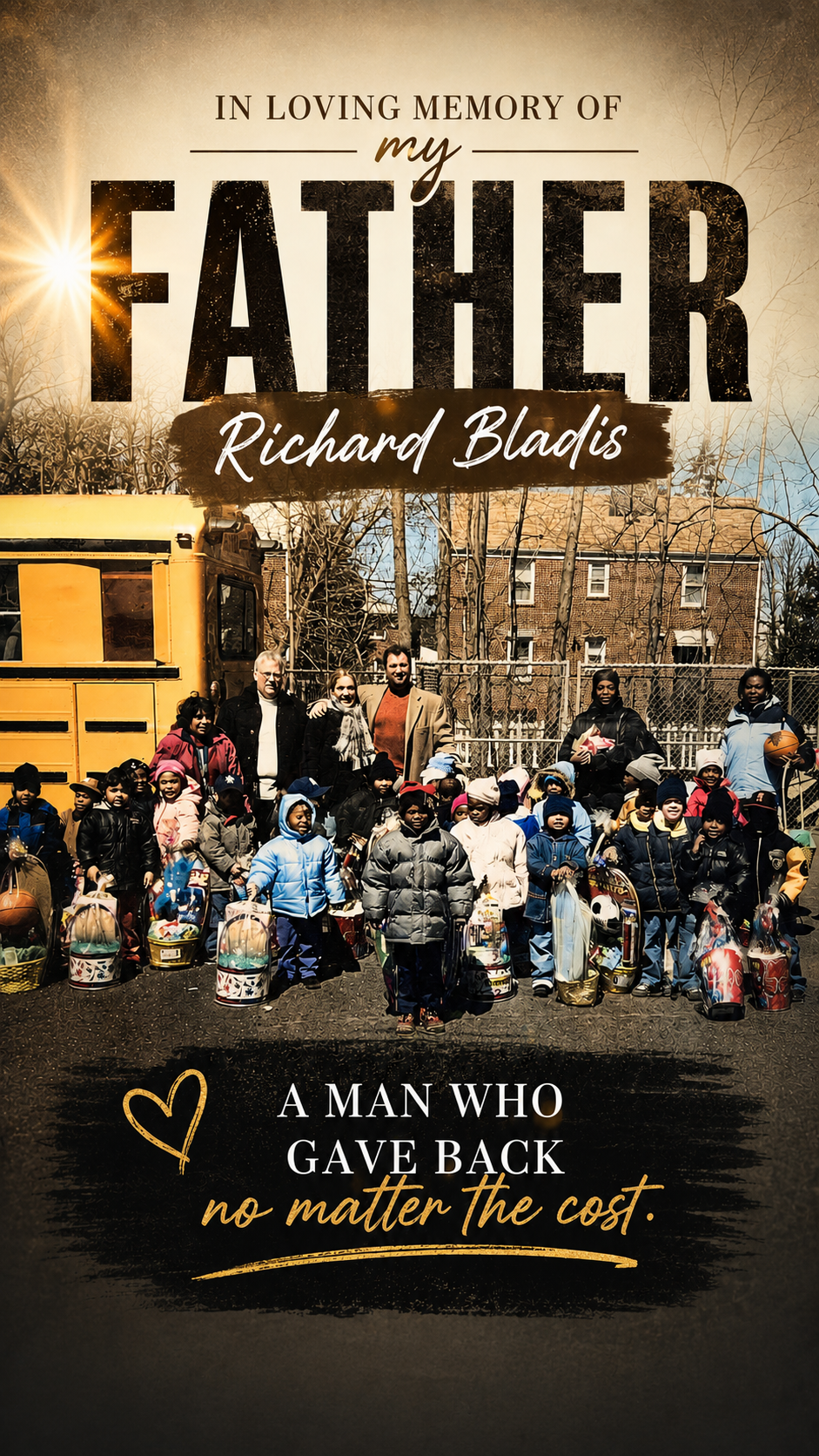 Richard Bladis with families and children receiving gift baskets — a man who gave back, no matter the cost