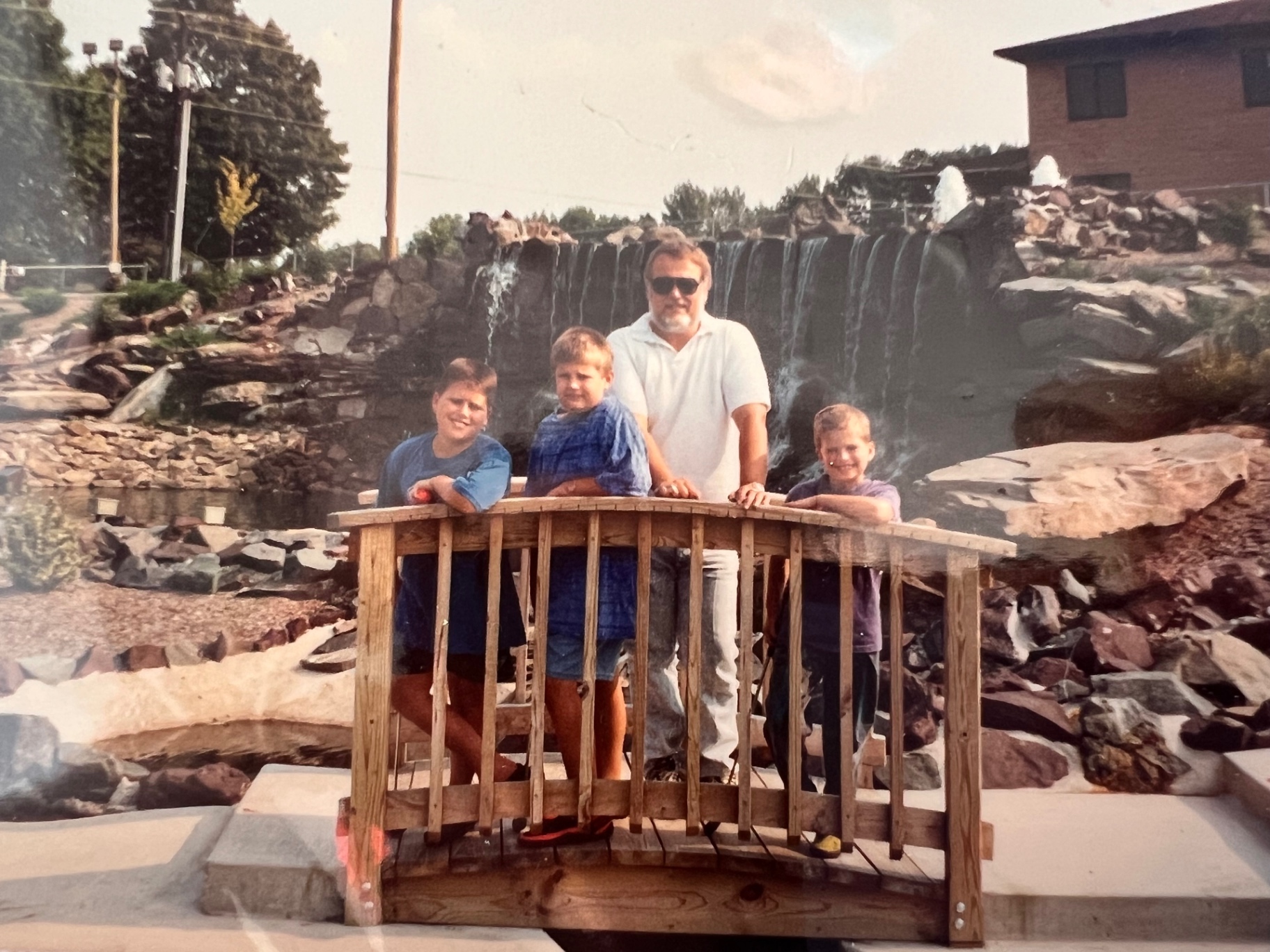 By the waterfall with family