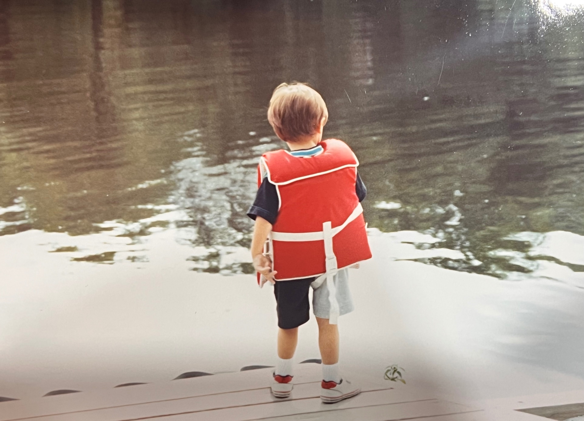 Francis in his red life vest at the water's edge — small silhouette, big lake, a memory frozen in gold