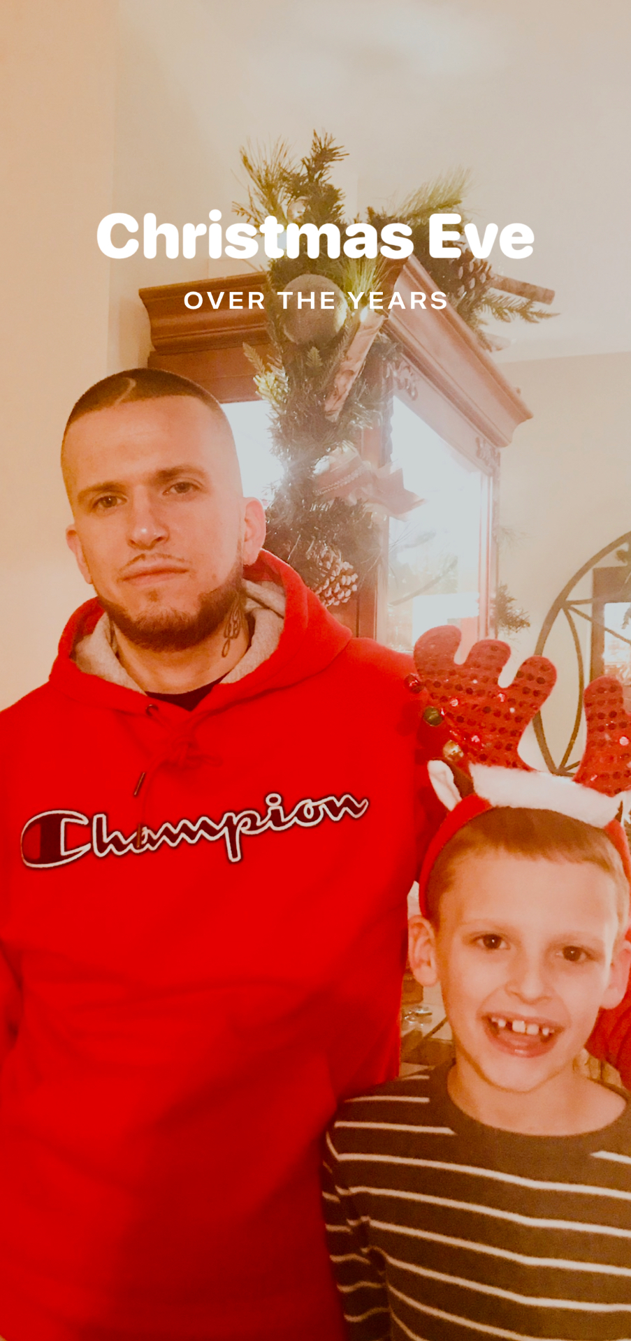 Christmas Eve over the years — Sean with his dad, reindeer antlers and all