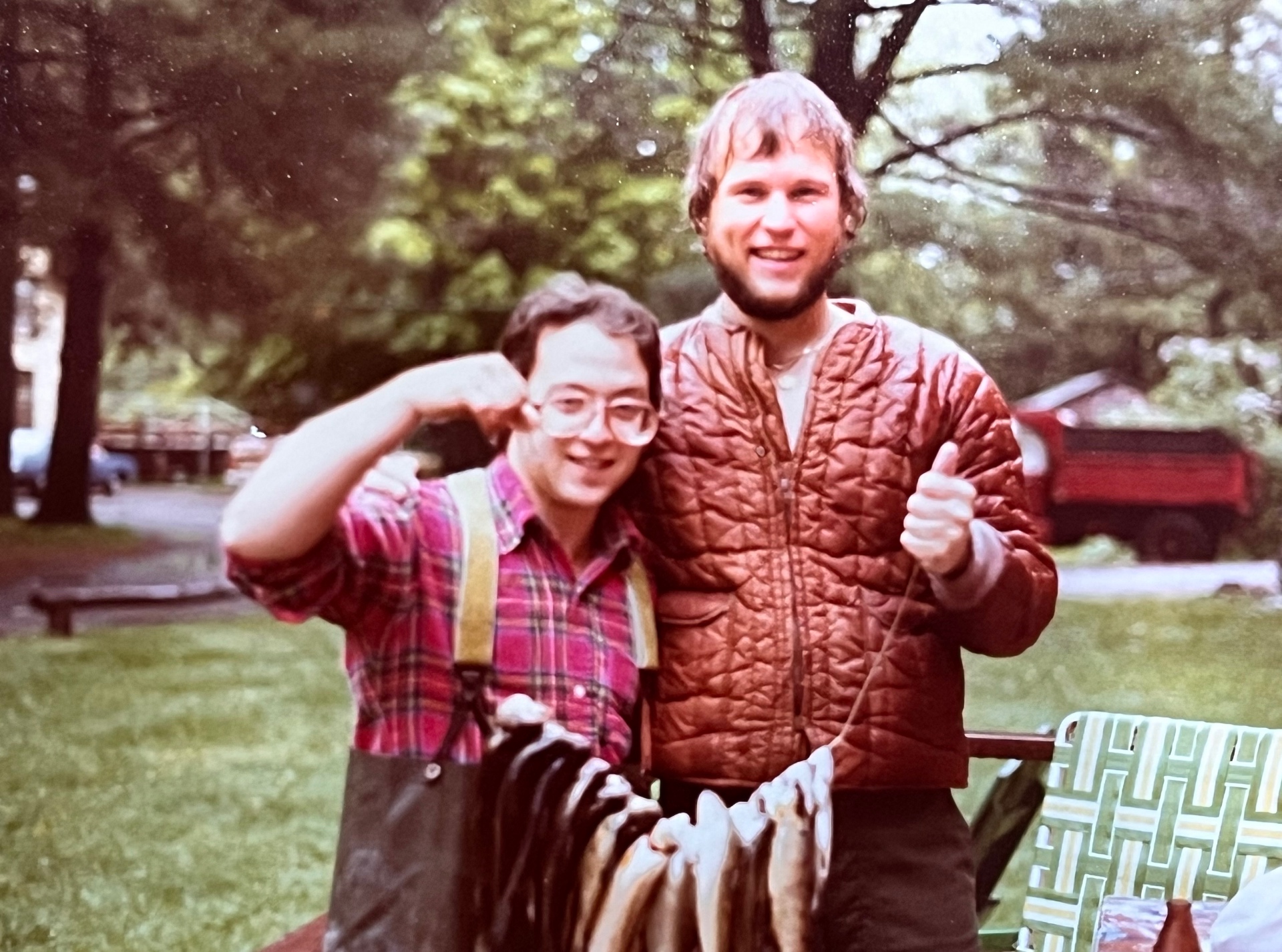 Late '70s — Richard and a buddy showing off a stringer full of trout after a Springfield weekend on the stream. Thumbs up, big grin, big haul
