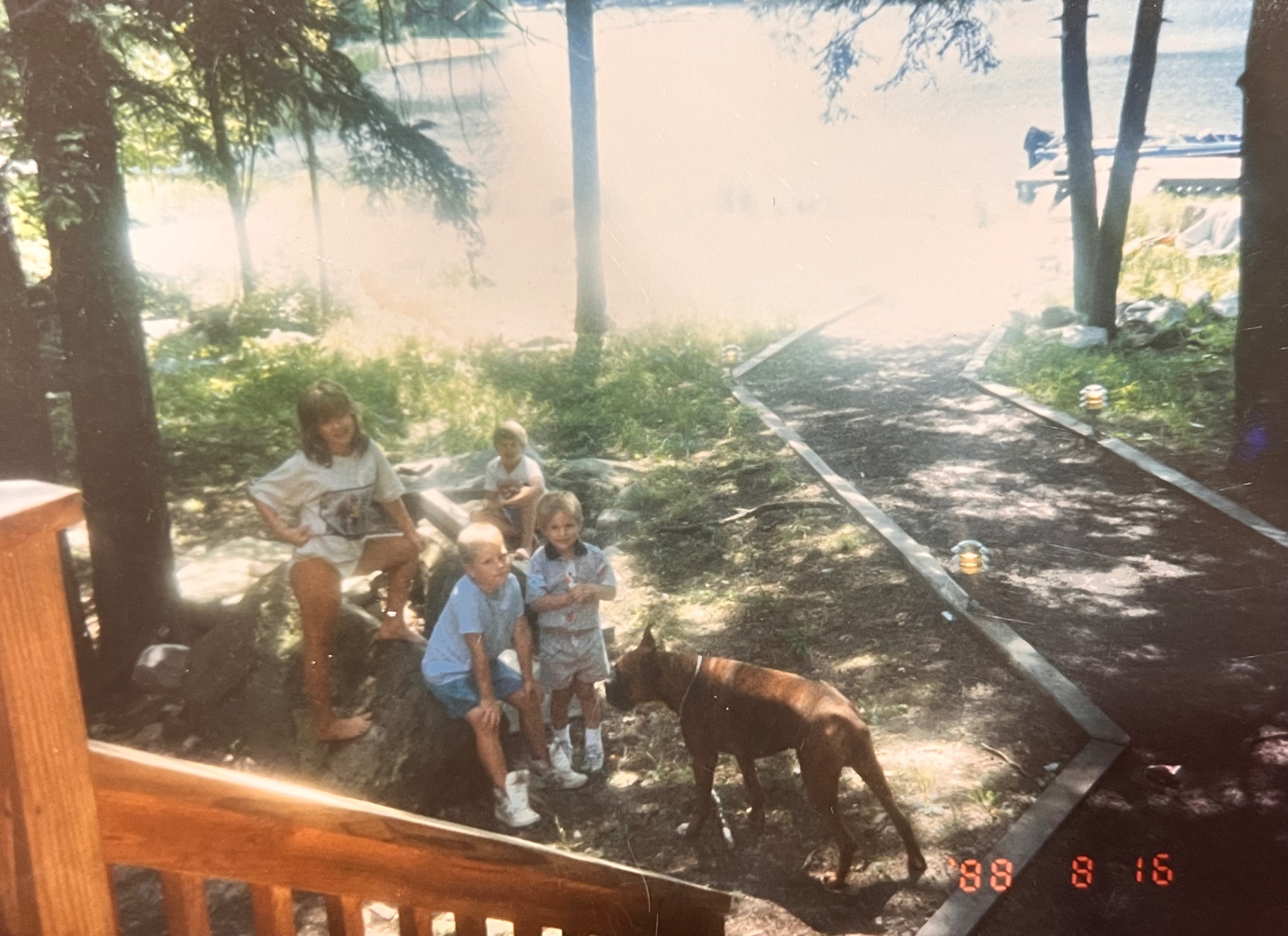 Summer '88 at The Hideout — the kids, the dog, and the path down to the lake he built with his own hands