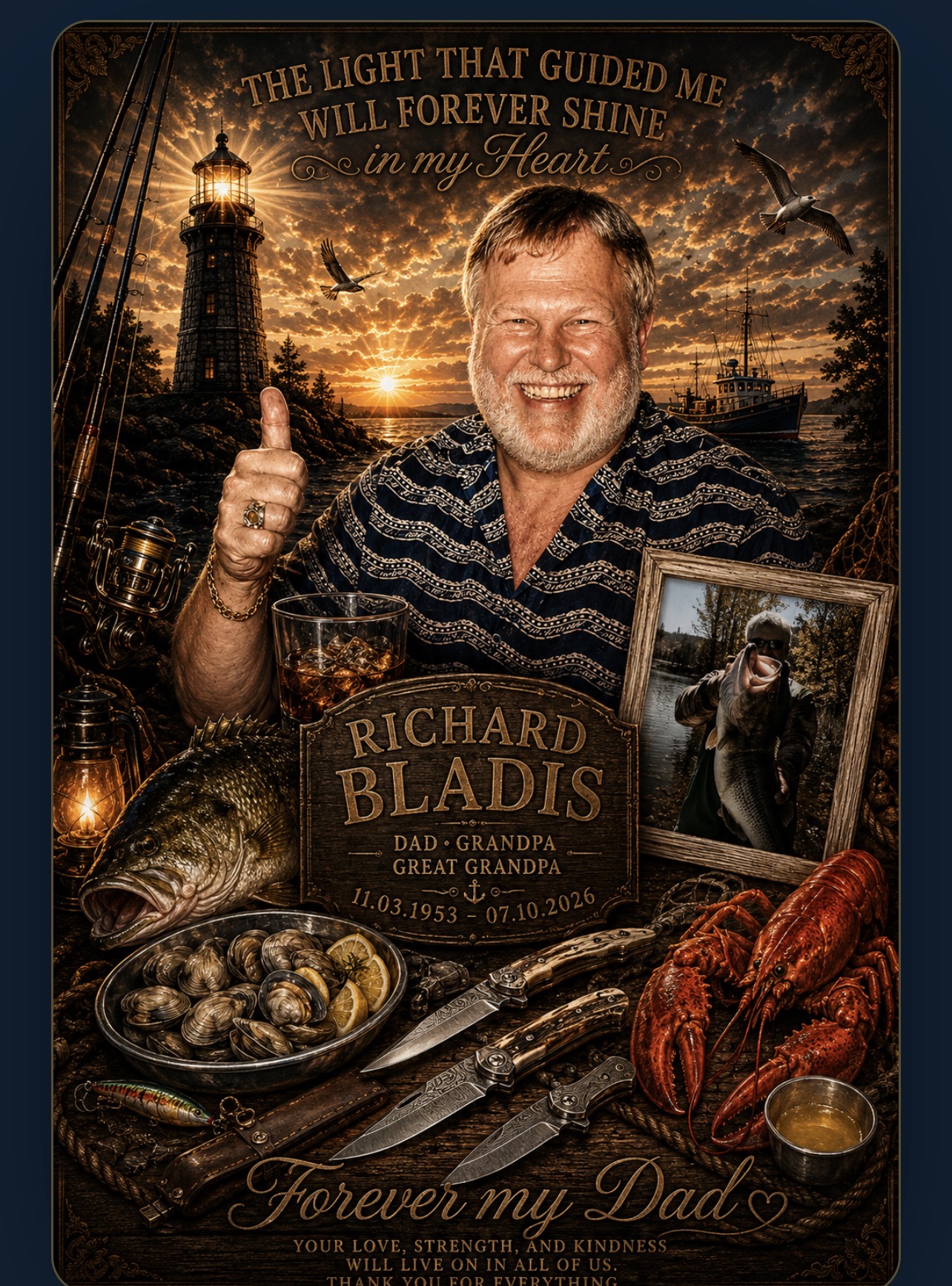 Memorial tribute portrait of Richard Bladis — Dad, Grandpa, Great Grandpa (1953–2026)