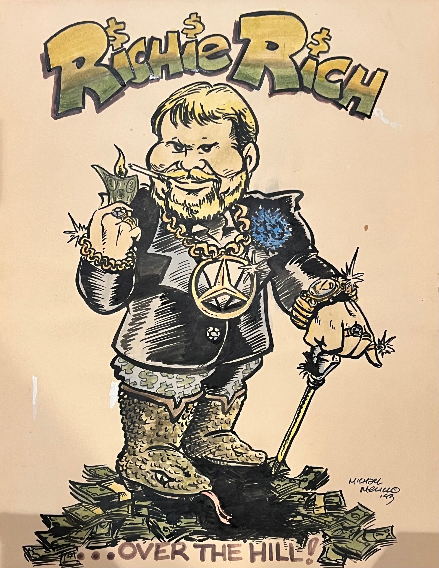 'Richie Rich ...Over the Hill!' — hand-drawn caricature of Richard Bladis by Michael Melillo, 1993