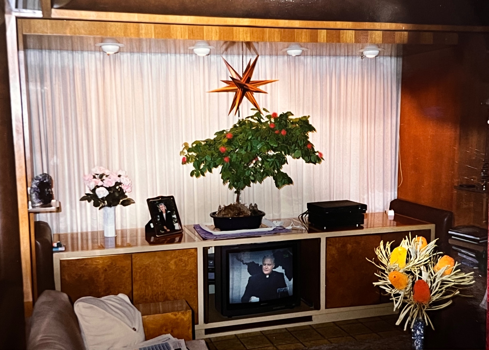 The holiday star and Grandpa Bob's photo watching over the room