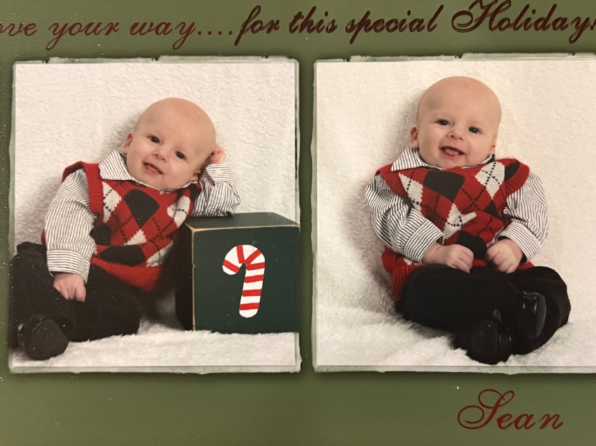 Baby Sean's first Christmas card — argyle vest and all smiles for Grandpa